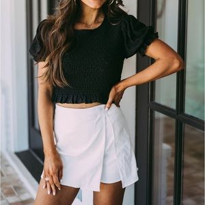 Eyelet Sleeve Smocked Top-Black